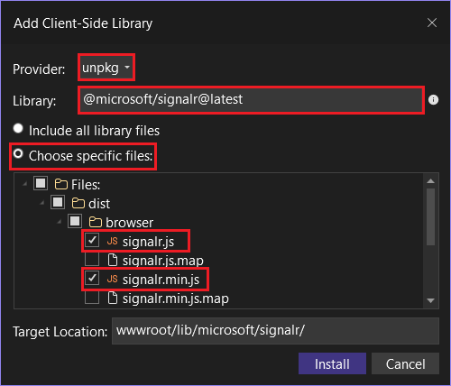Adicionar biblioteca no lado do cliente - diálogo de seleção de biblioteca.
