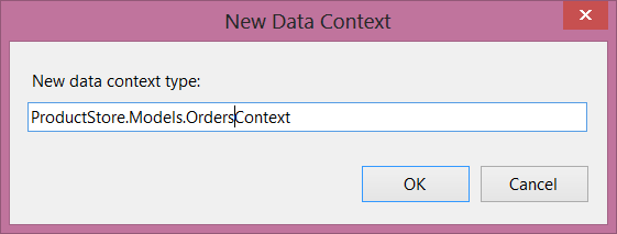 Captura de ecrã do novo diálogo de contexto de dados. Uma caixa de texto mostra o nome do novo contexto de dados digitado.