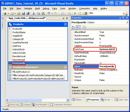 Definir as propriedades Name e DataType da nova coluna