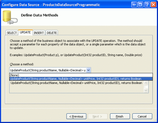Escolha o método UpdateProduct na lista de separadores UPDATE Drop-Down