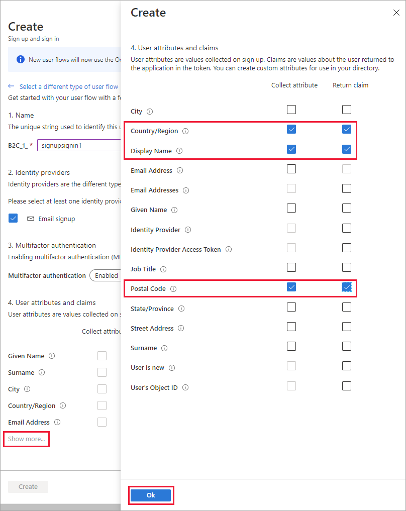 Captura de ecrã da página de seleção de atributos e declarações do portal do Azure com três declarações selecionadas e realçadas.