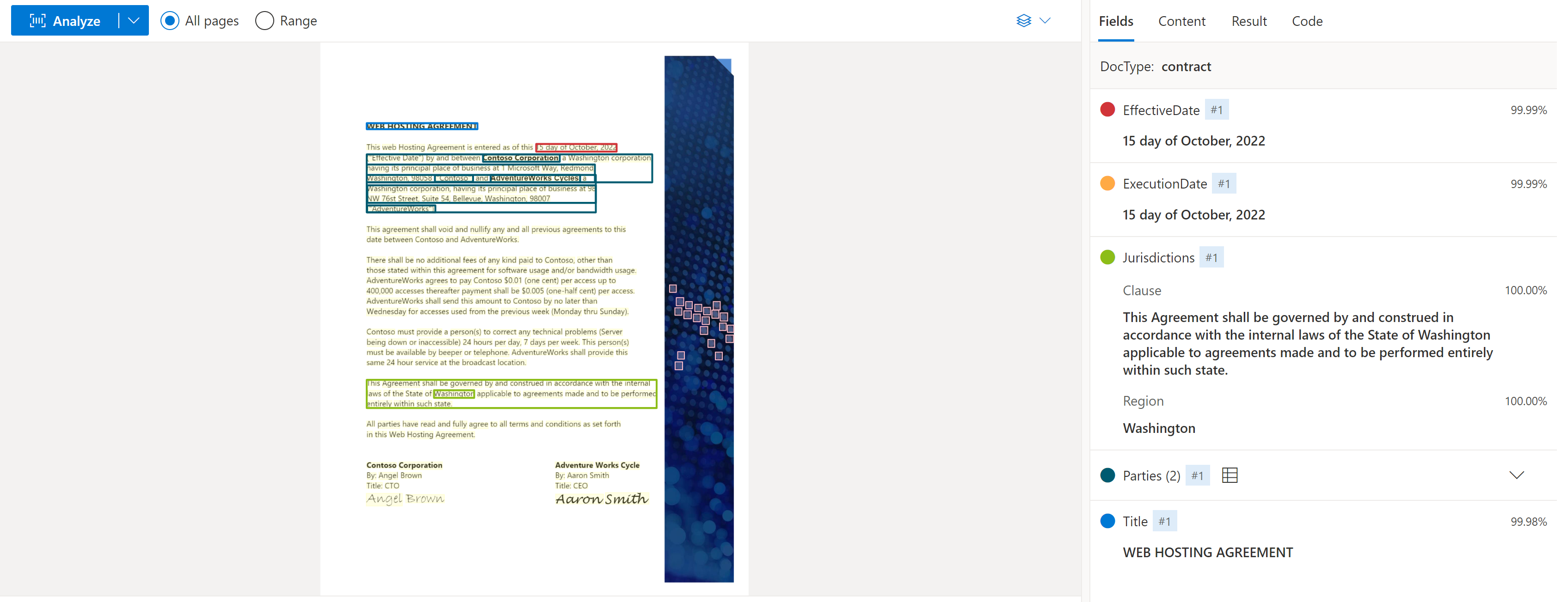 Captura de ecrã que mostra a extração do modelo contratual usando o Document Intelligence Studio.