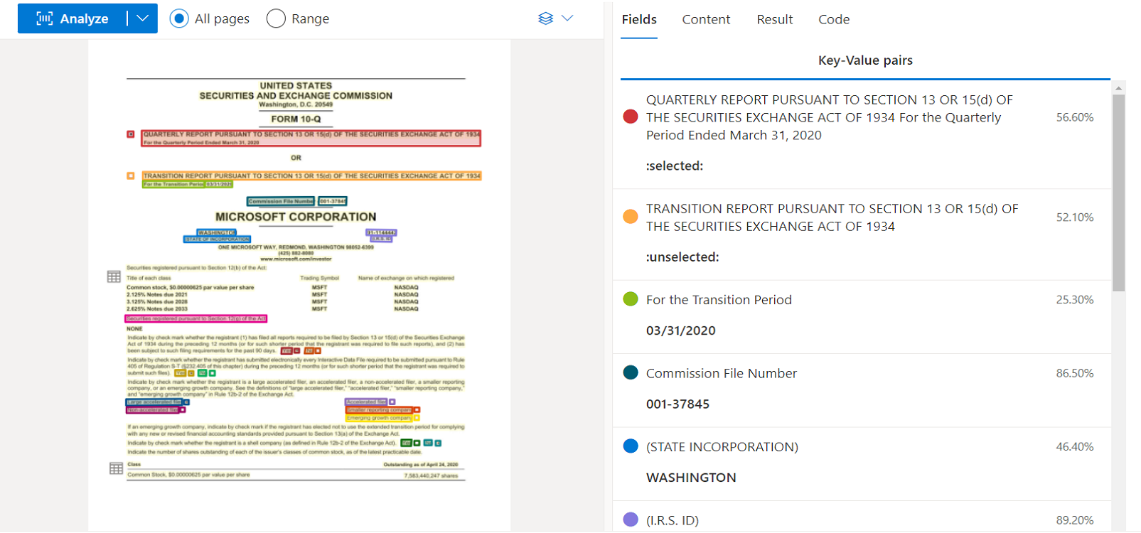Captura de ecrã que mostra a análise geral do modelo documental usando o Document Intelligence Studio.