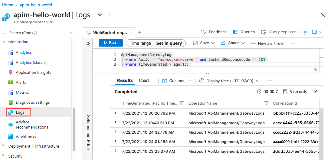 Captura de ecrã mostrando registos de consulta para pedidos da API WebSocket.