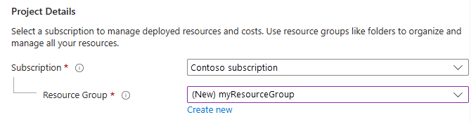 Captura de ecrã que mostra a secção de detalhes do projeto onde selecionas a subscrição do Azure e o grupo de recursos da aplicação web.