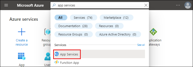 Captura de ecrã do portal do Azure com serviços de aplicação digitados na caixa de texto de pesquisa.