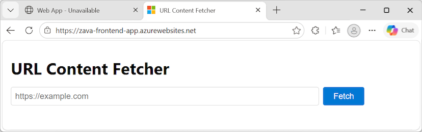 Captura de ecrã de uma ligação bem-sucedida à aplicação frontend a correr no navegador.