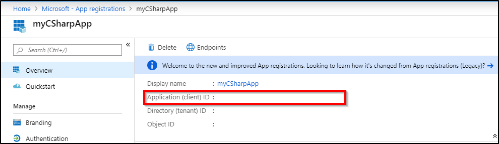 Captura de ecrã do portal Azure que mostra o ID da Aplicação 