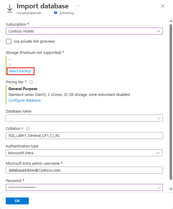 Captura de ecrã do portal Azure, Página de importação da base de dados.