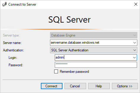 Captura de tela da caixa de diálogo Conectar ao Servidor no SQL Server Management Studio (SSMS).