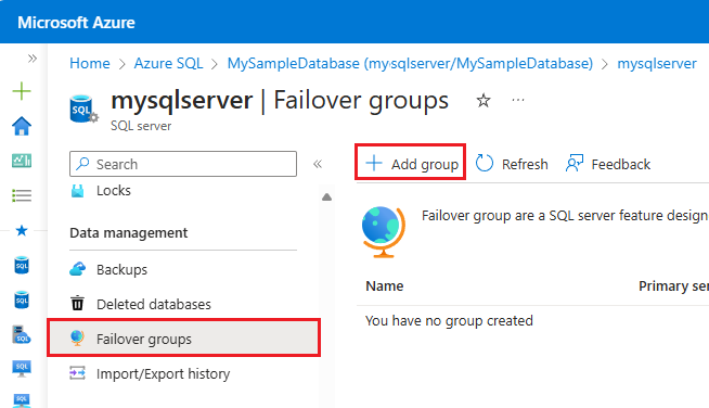 Captura de ecrã a realçar a opção Adicionar novo grupo de ativação pós-falha na página de grupos de ativação pós-falha no portal do Azure.