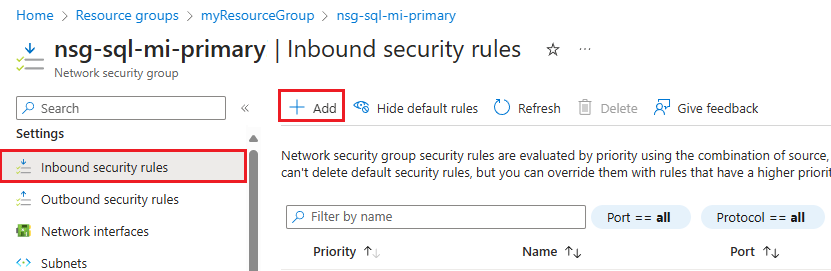 Captura de ecrã a mostrar a adição de regras de segurança de entrada para o NSG no portal do Azure. 
