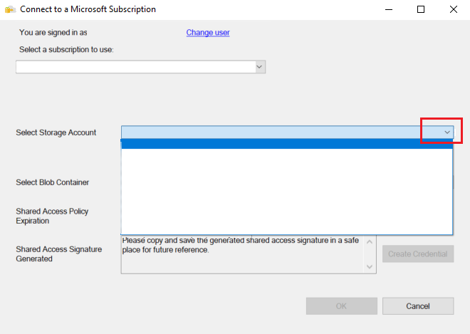 Captura de ecrã da caixa de diálogo Ligar a uma Subscrição Microsoft. A seta para baixo na lista de Selecionar Conta de Armazenamento é destacada.