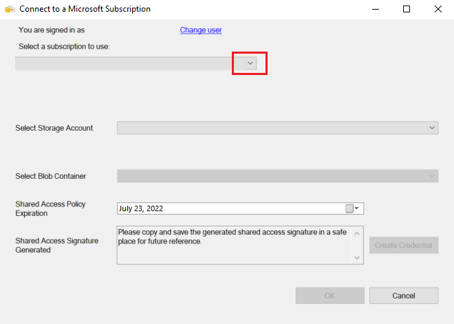 Captura de ecrã do diálogo Ligar a uma subscrição Microsoft. Em Selecionar uma subscrição para usar, a seta para baixo na caixa da lista é chamada para fora.
