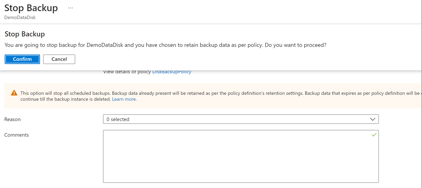 Captura de tela mostrando as opções de retenção de instância de backup a serem selecionadas.