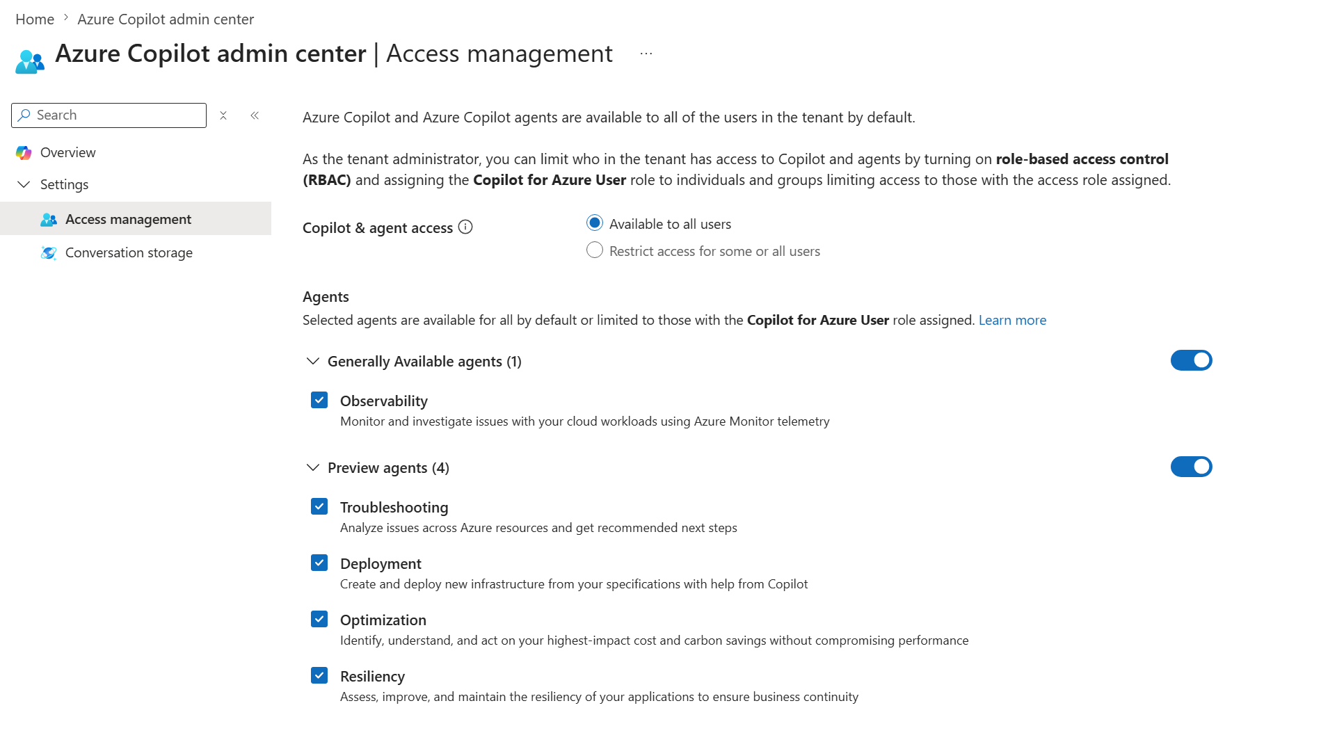 Captura de ecrã da gestão de acesso Azure Copilot centro de administração.