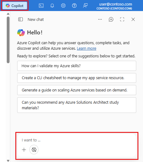 Captura de ecrã a mostrar o ícone e o painel Copilot no portal do Azure.