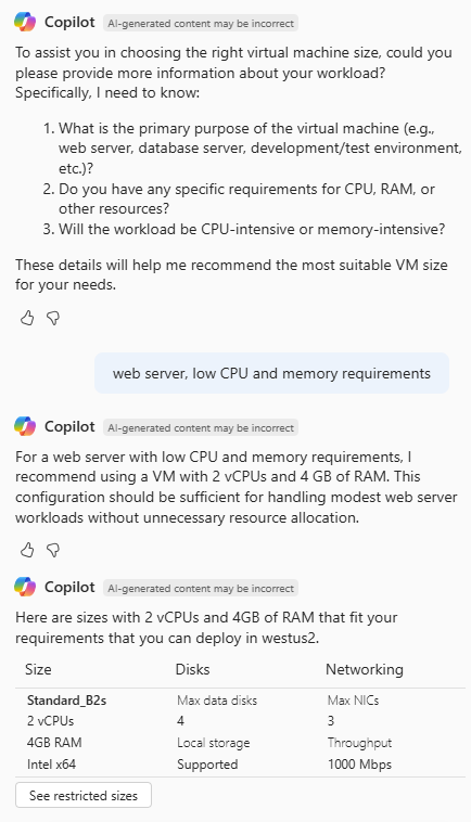 Captura de ecrã mostrando o Azure Copilot a pedir detalhes para ajudar a determinar o tamanho adequado da VM.