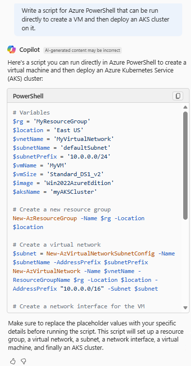 Captura de ecrã do Azure Copilot a fornecer um script PowerShell que cria uma VM e implementa um cluster AKS.