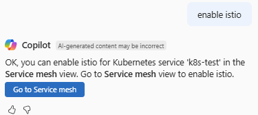Captura de ecrã que mostra o Azure Copilot a ajudar a implementar o Istio num cluster AKS.