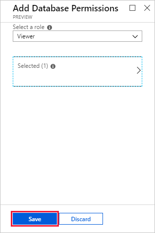 Captura de ecrã do painel Adicionar Permissões de Base de Dados no portal do Azure. O botão Salvar está realçado.