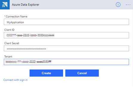 Captura de tela da conexão do Azure Data Explorer, mostrando a caixa de diálogo de autenticação do aplicativo.