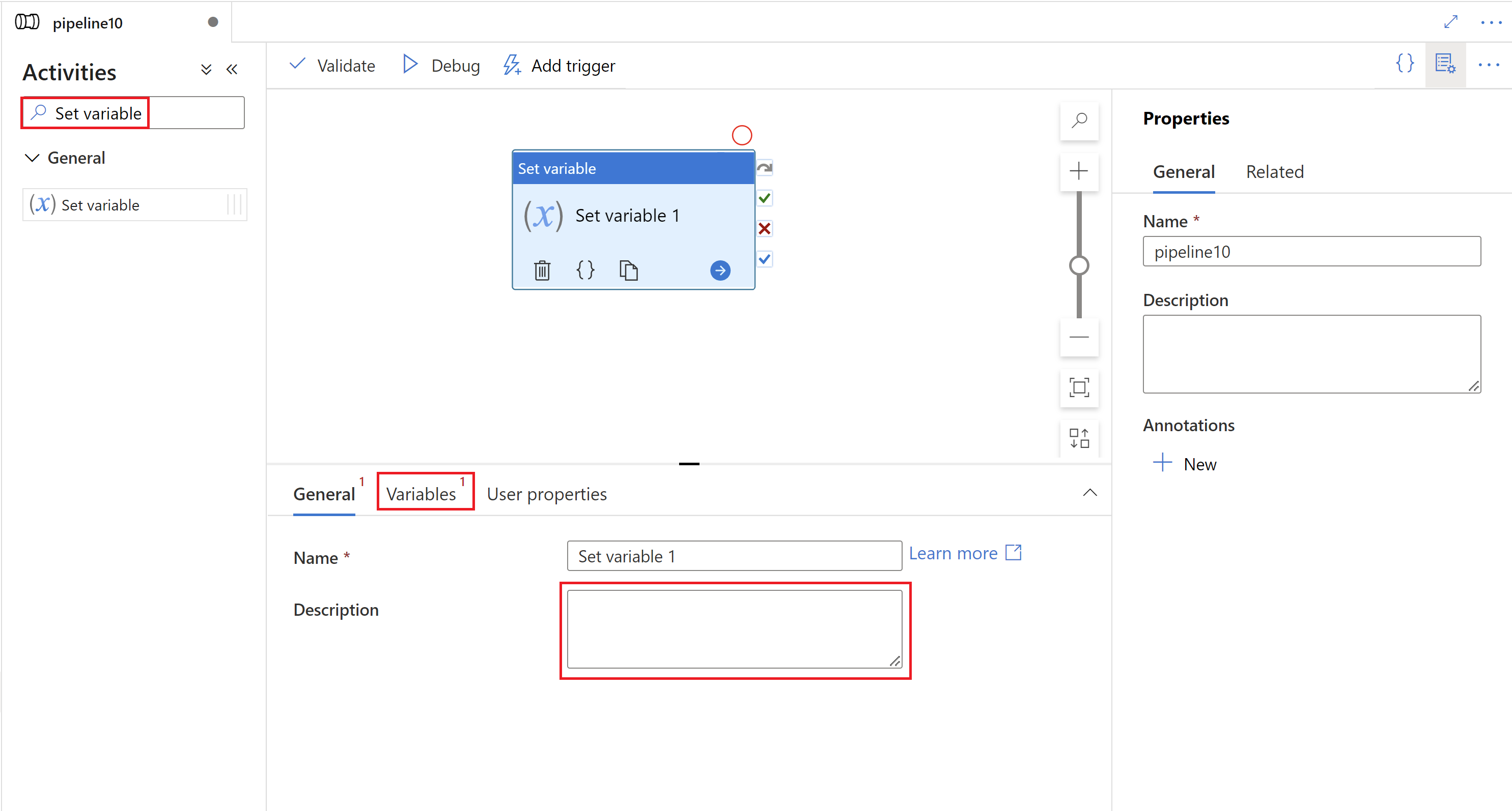 Captura de ecrã da interface do utilizador para uma atividade de definir variável.