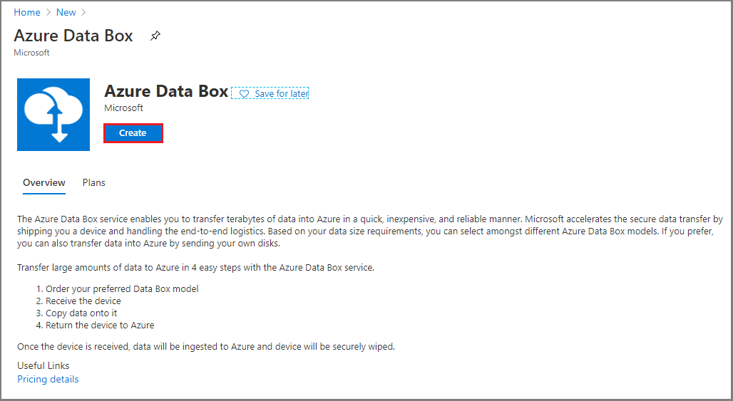 Captura de tela da página Novo Recurso ao criar um novo recurso do Azure Data Box.
