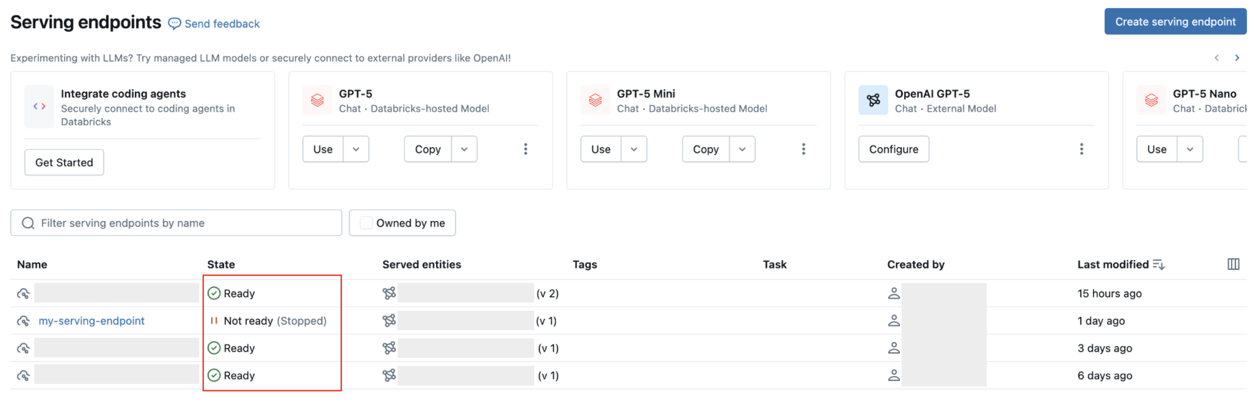 Verifique o estado do endpoint usando a lista de endpoints na interface de serviço.