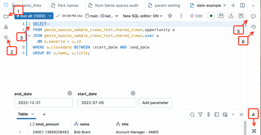 Editor de SQL com legendas numeradas que assinalam o navegador de ficheiros da área de trabalho, o painel do Assistente do Databricks, a seta para contrair o código, a paleta de comandos, a ferramenta de comentários de código e o histórico de versões.