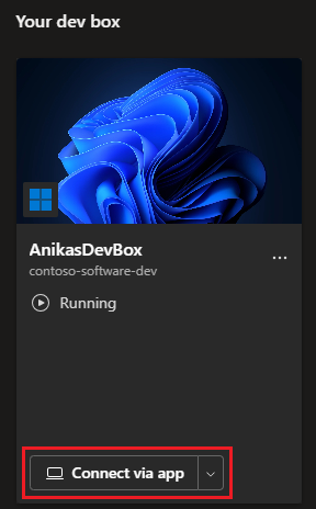 Captura de ecrã do mosaico do box de desenvolvimento, que mostra a opção Ligar através da app.