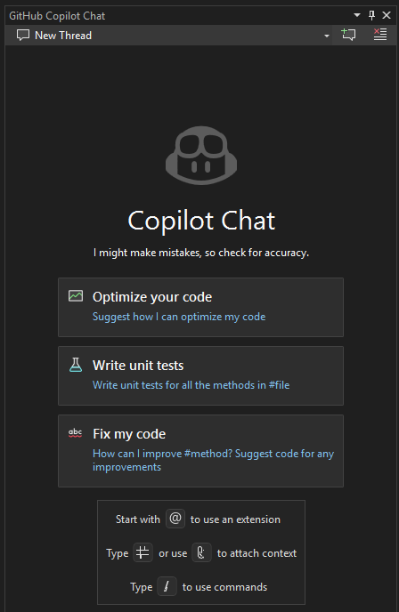 Captura de ecrã que mostra a janela de Copilot Chat do GitHub em Visual Studio 2022.