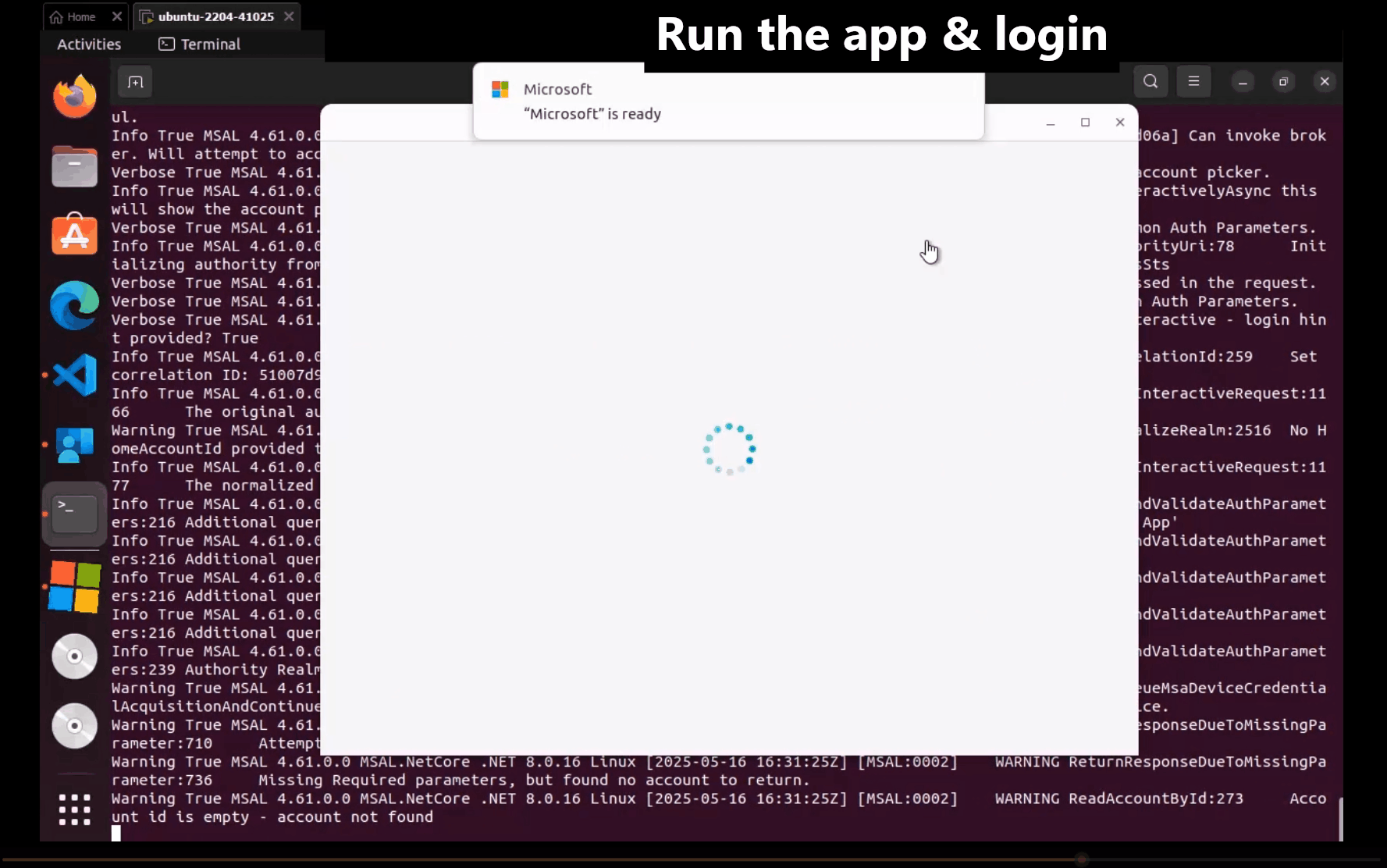 Um gif animado que mostra a experiência de entrada no Linux ao usar uma instância InteractiveBrowserCredential habilitada para agente para autenticar um usuário.