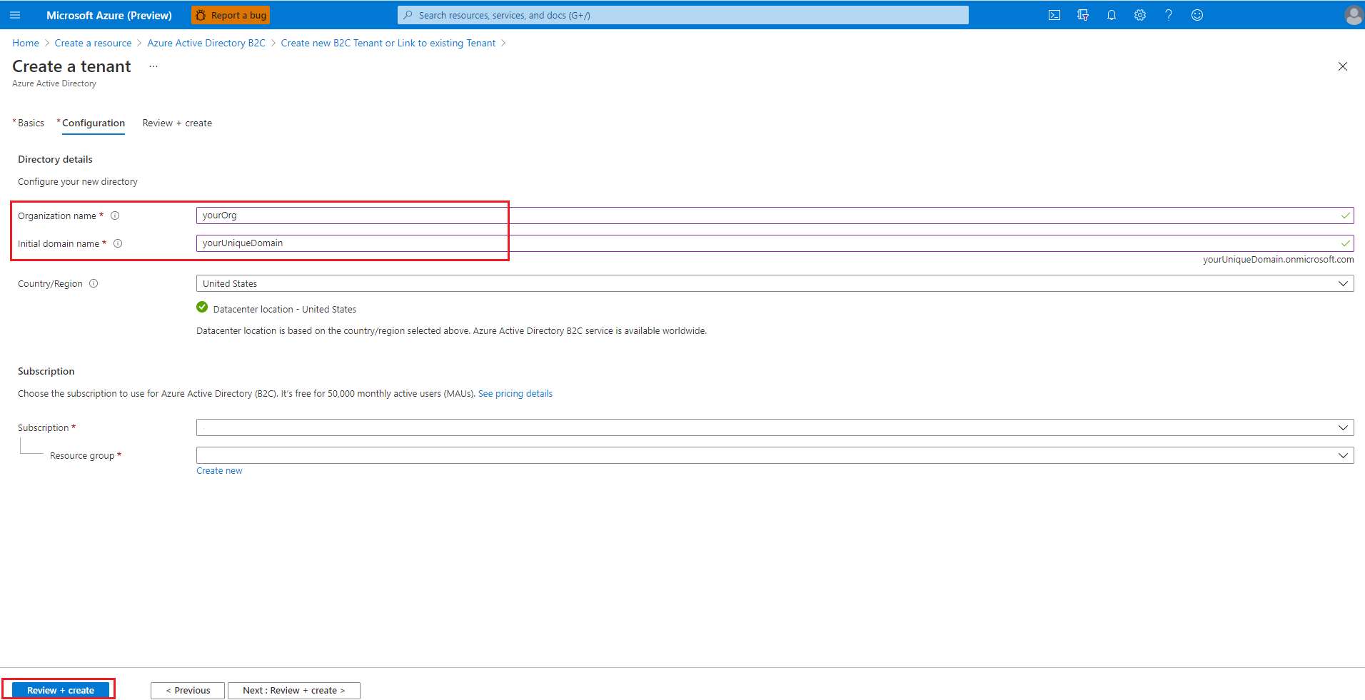 Ecrã Criar Locatário do Azure AD B2C.