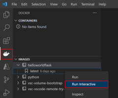 Captura de tela mostrando como usar a extensão Docker no VS Code para executar um contêiner a partir de uma imagem do Docker.