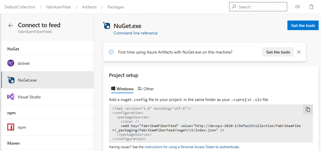 Uma captura de tela exibindo como configurar seu projeto e conectar-se ao seu feed no Azure DevOps Server 2020 e 2022.