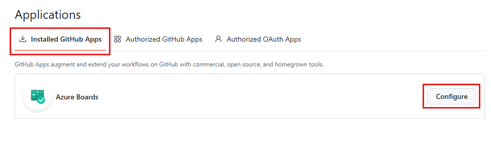 Screenshot mostra as Apps de GitHub Instaladas com Azure Boards e a opção Configurar.