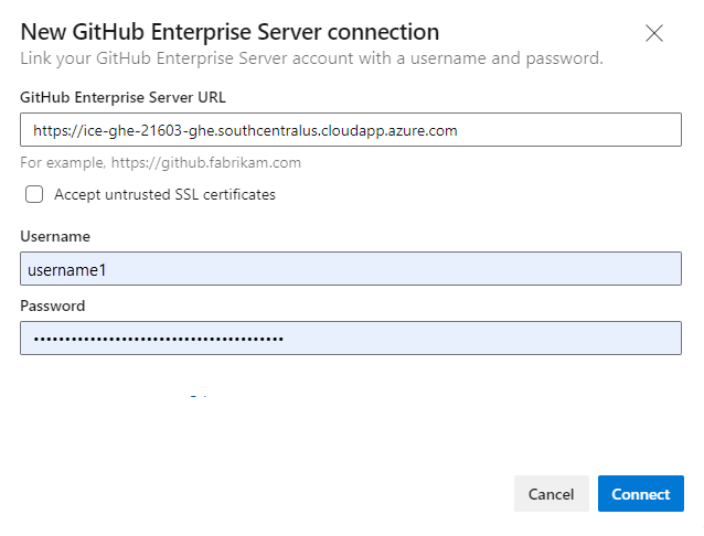 Captura de ecrã do ecrã de ligação New GitHub Enterprise, diálogo de ligação com nome de utilizador.