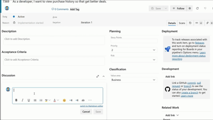 Gif a mostrar como usar a menção '!' para referenciar um pedido de pull do GitHub numa discussão sobre o item de trabalho.