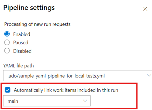 Captura de ecrã do diálogo de definições do pipeline YAML a mostrar a opção Ligar automaticamente novos itens de trabalho nesta opção de compilação.