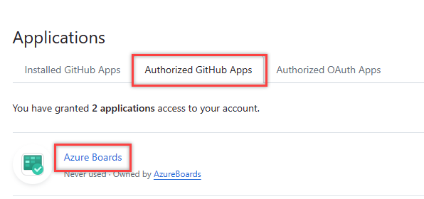 Captura de ecrã mostra aplicações autorizadas de GitHub com Azure Boards destacado.