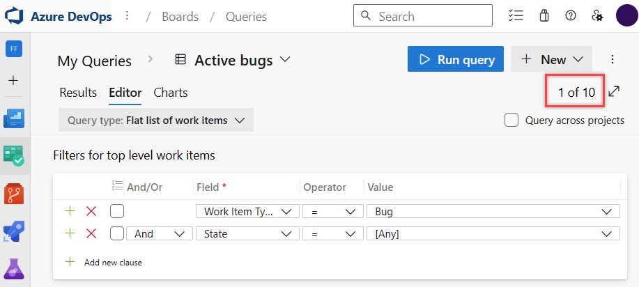 Captura de tela que mostra uma consulta por bugs em qualquer estado com o resumo da contagem de itens de trabalho.
