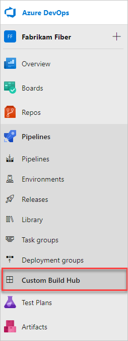 Captura de ecrã de um hub personalizado adicionado ao Azure Pipelines.
