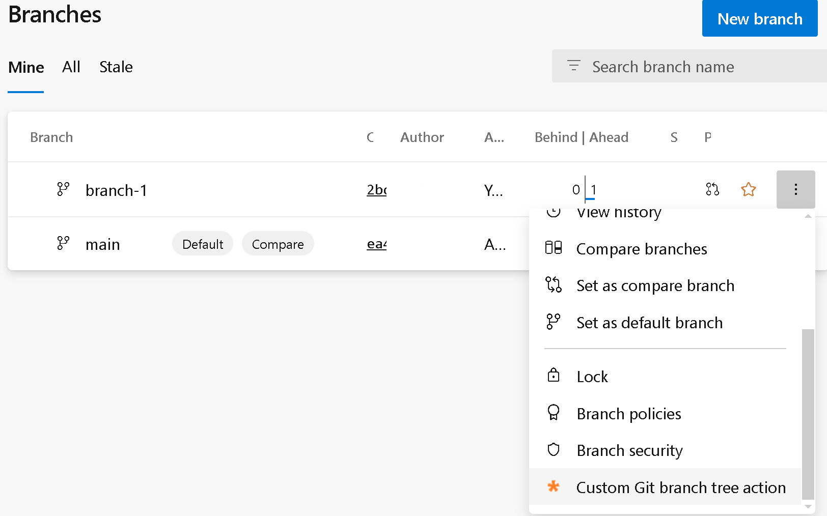 Captura de ecrã do menu da árvore Git Branchs.
