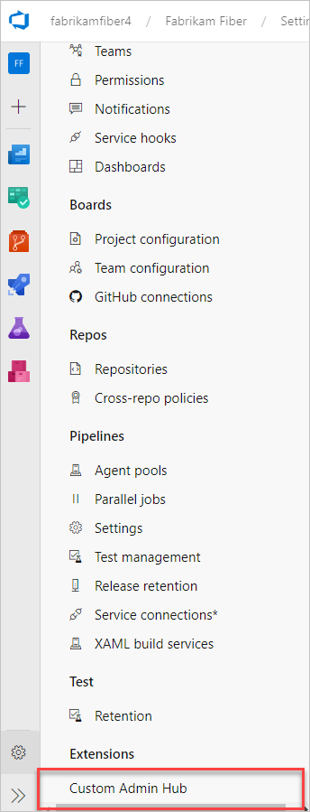 Captura de ecrã de um hub personalizado nas definições do projeto.
