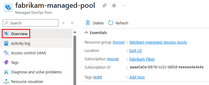 Captura de ecrã que mostra as informações essenciais da visão geral do pool.