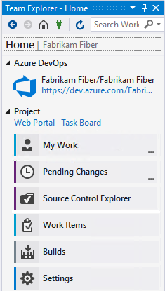 Screenshot da página inicial do Team Explorer w / TFVC como controle de origem.