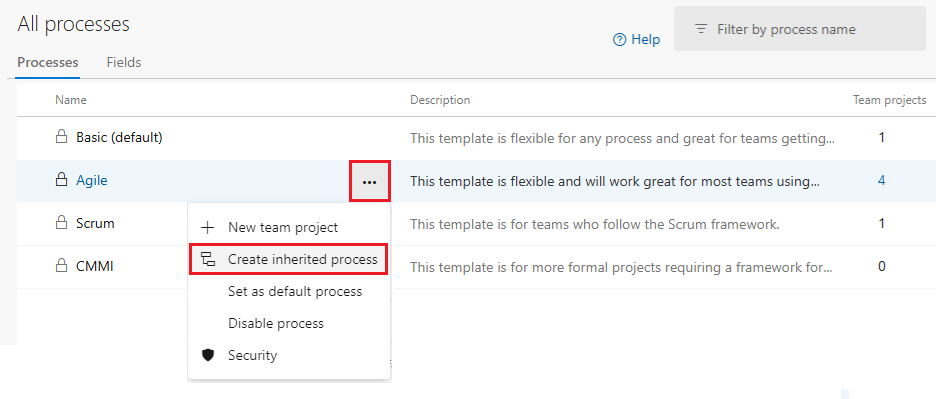 Captura de ecrã que mostra como selecionar a opção Criar processo herdado para o processo Ágil em Azure DevOps.