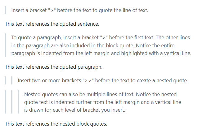 Captura de ecrã da vista publicada da sintaxe Markdown para citar blocos de texto.