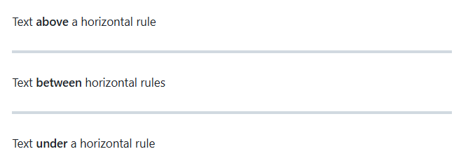 Captura de ecrã da vista publicada da sintaxe Markdown para regras horizontais.